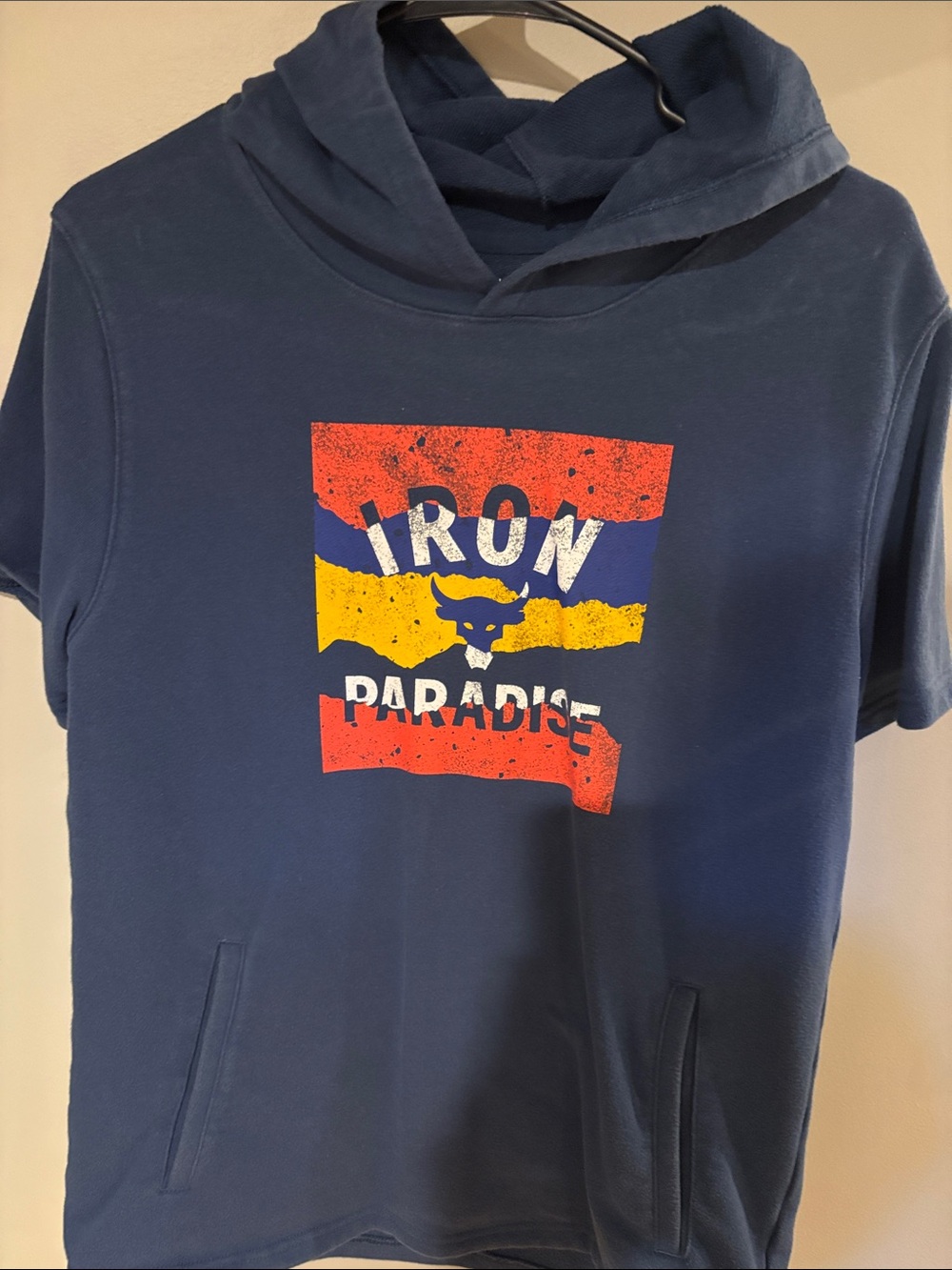 Under Armour Navy Short-Sleeve Hooded Tee with Red, Yellow & Blue Graphic